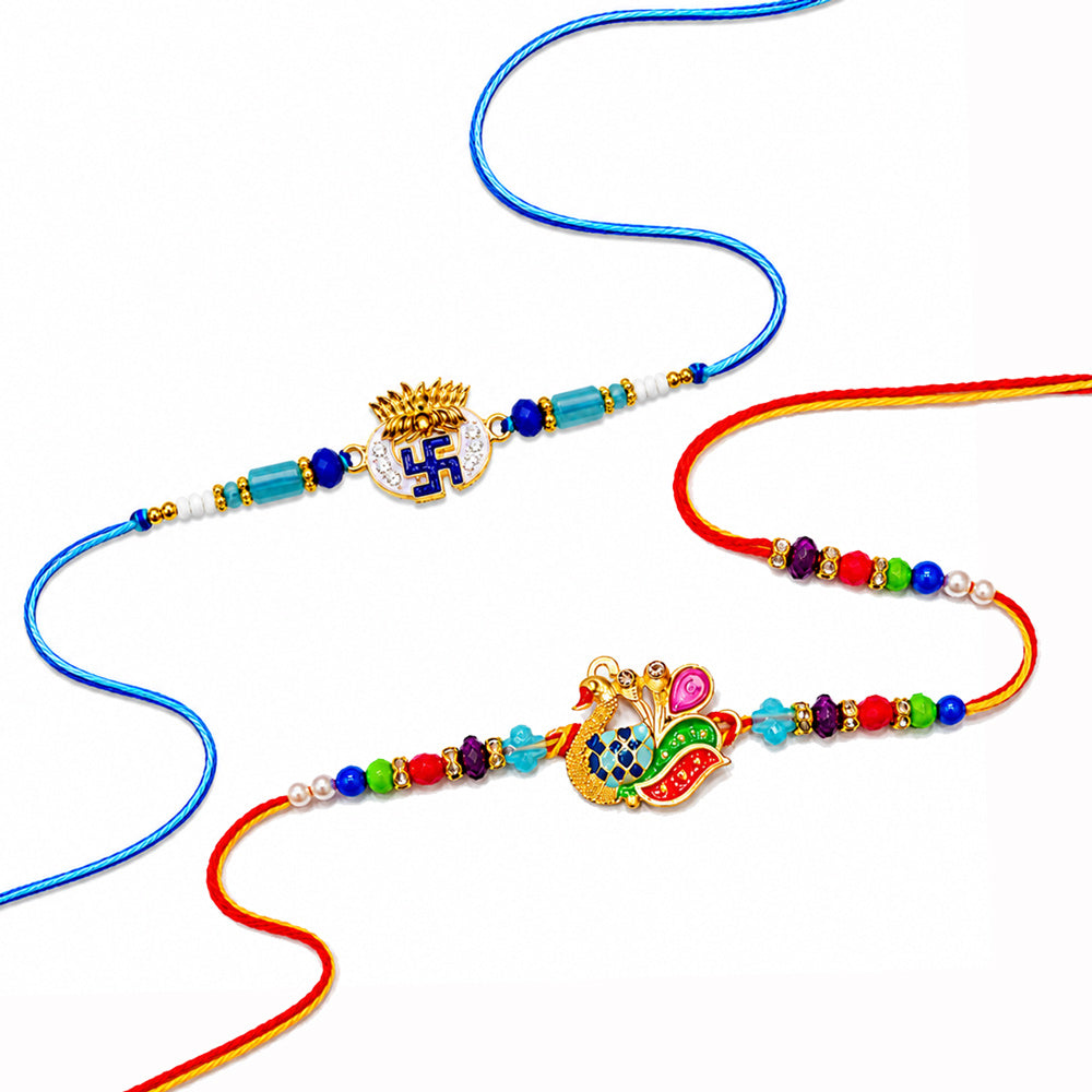 Multicolor Peacock Meenakari Swastik Designer Rakhi (Set of 2)