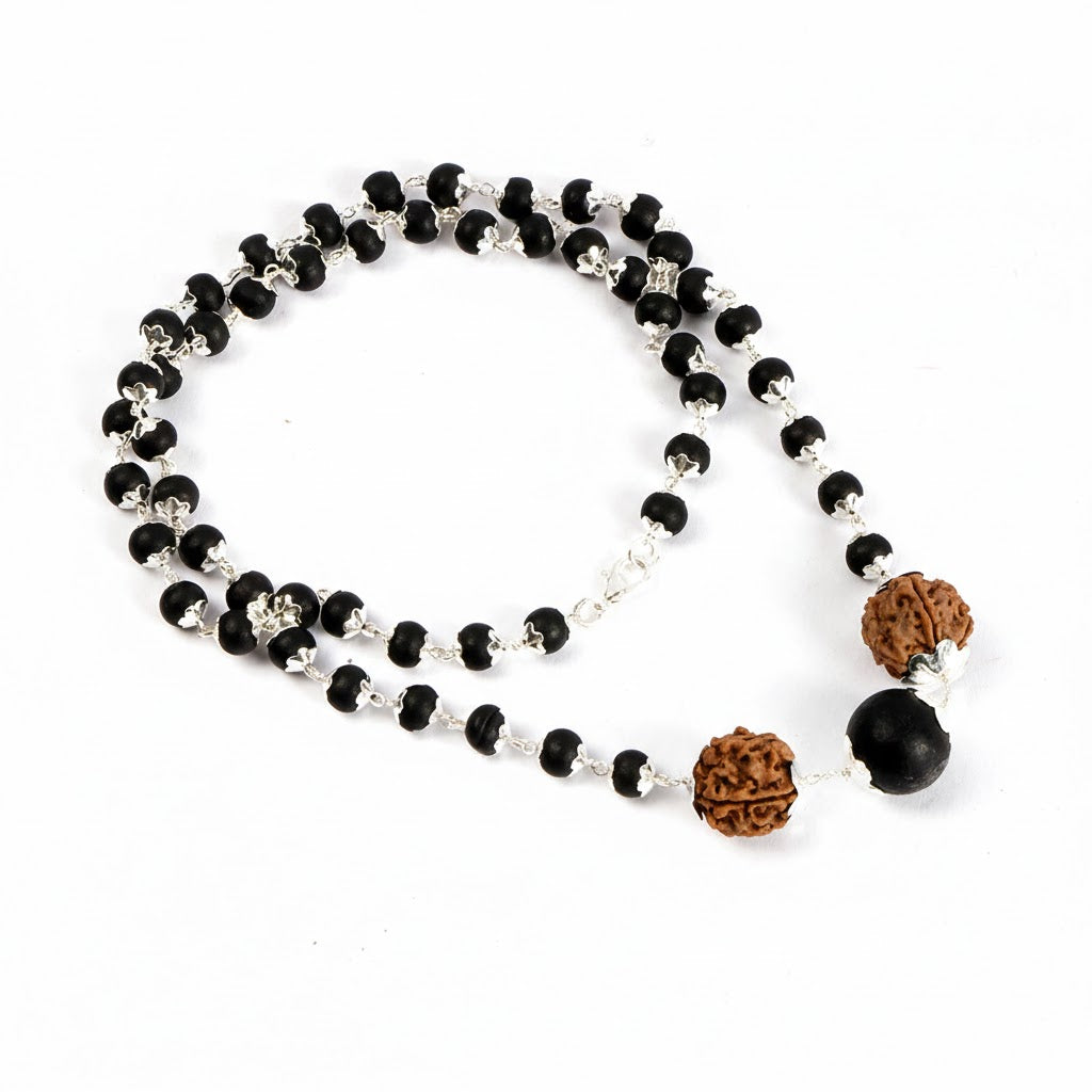 Silver Plated Karungali Mala 8mm with Rudraksha Govt Certified