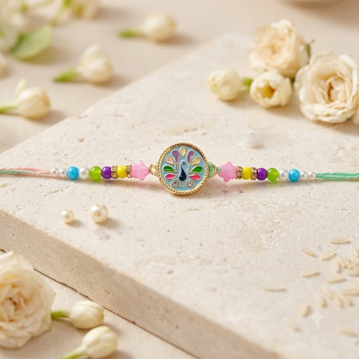 Traditional Peacock Enamel Dial Rainbow Beaded Rakhi