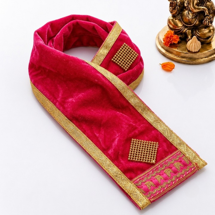Premium Pink Velvet Ganpati Idol Patka with Beaded Work - 15 Inch