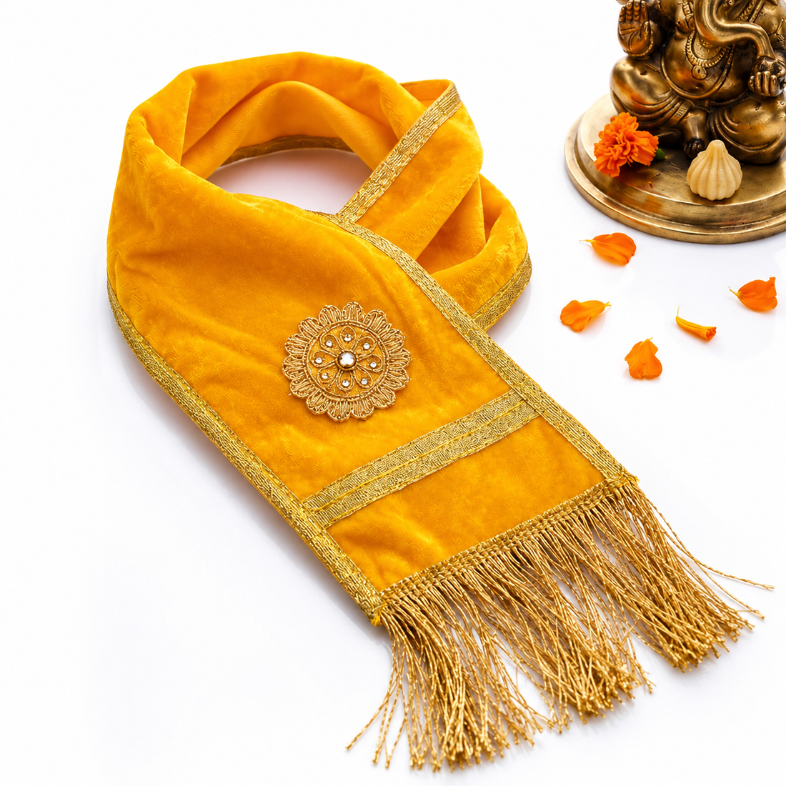 Yellow Velvet Ganpati Idol Patka with Floral Medallion - 32 Inch