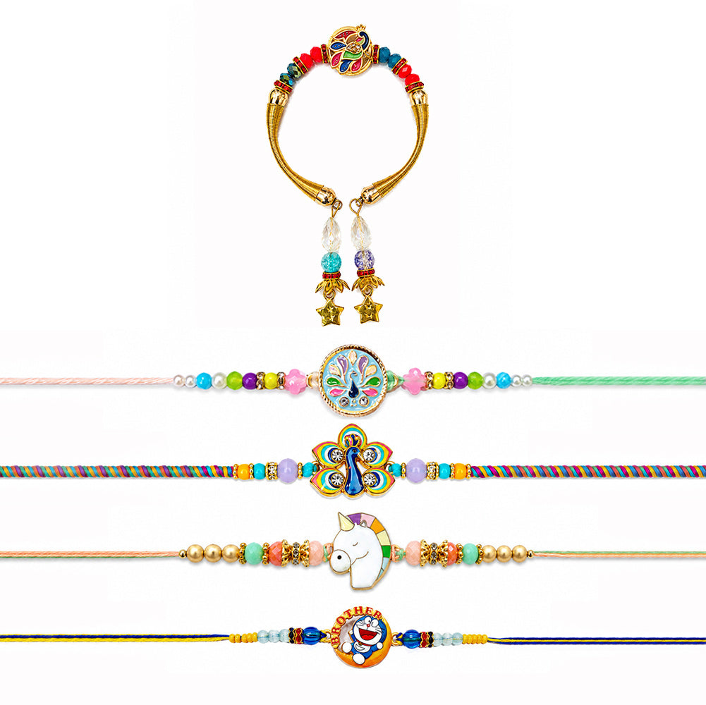 Meenakari Peacock Family Rakhi Pack (Set of 5)