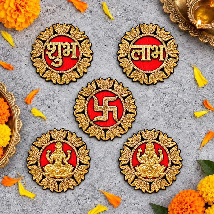 Ornate Round Gold Finished Shubh Labh and Deity Stickers Set of 5