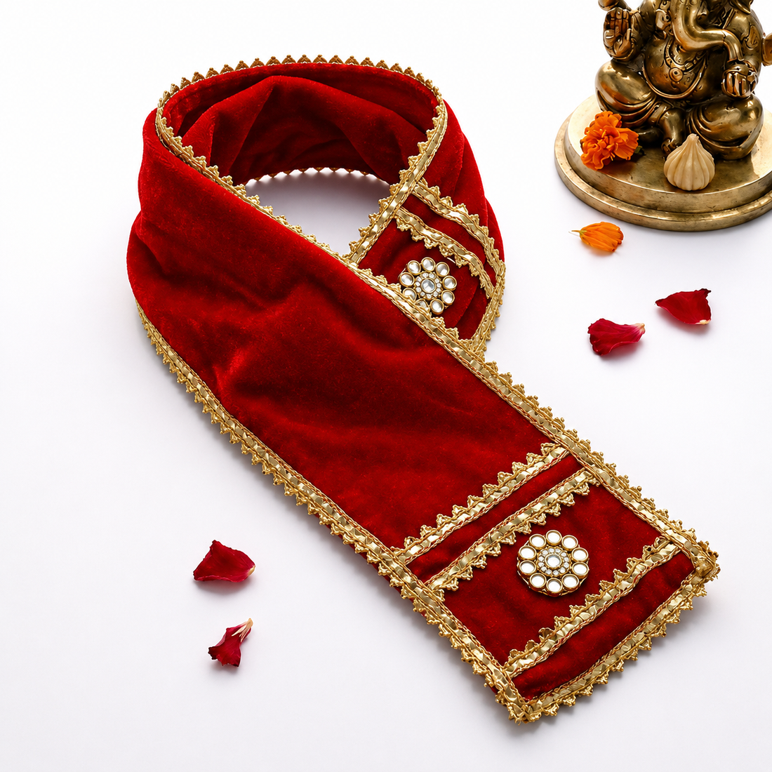 Elegant Red Velvet Ganpati Idol Patka with Floral Medallions