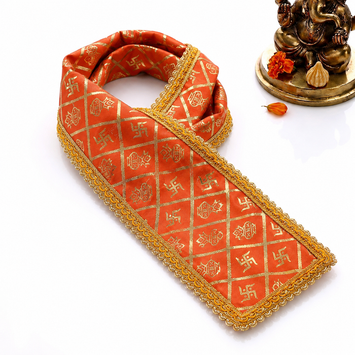 Orange Swastik Print Ganpati Idol Patka with Gold Border