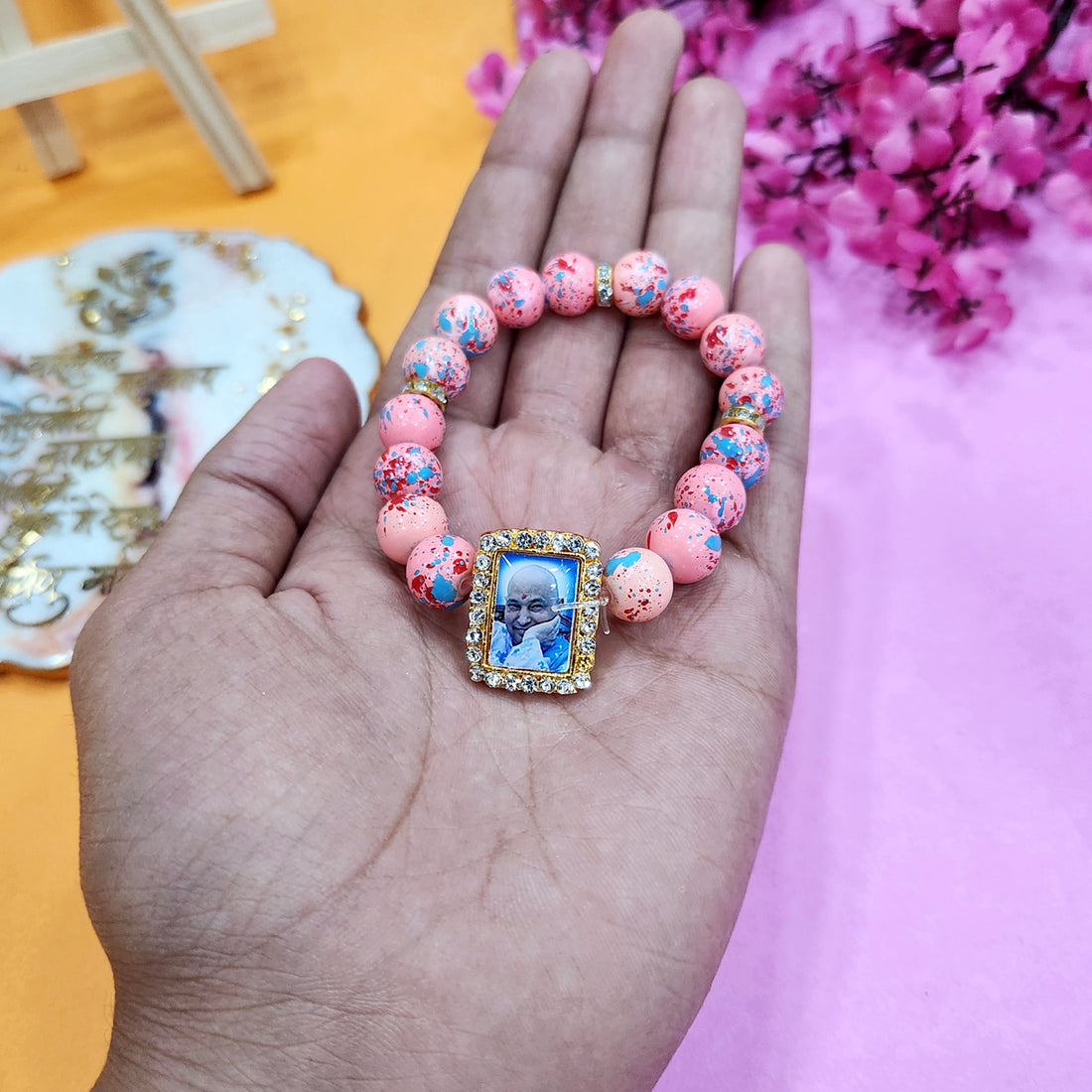 Peach With Multicolor Splash Round Pearl Bracelet