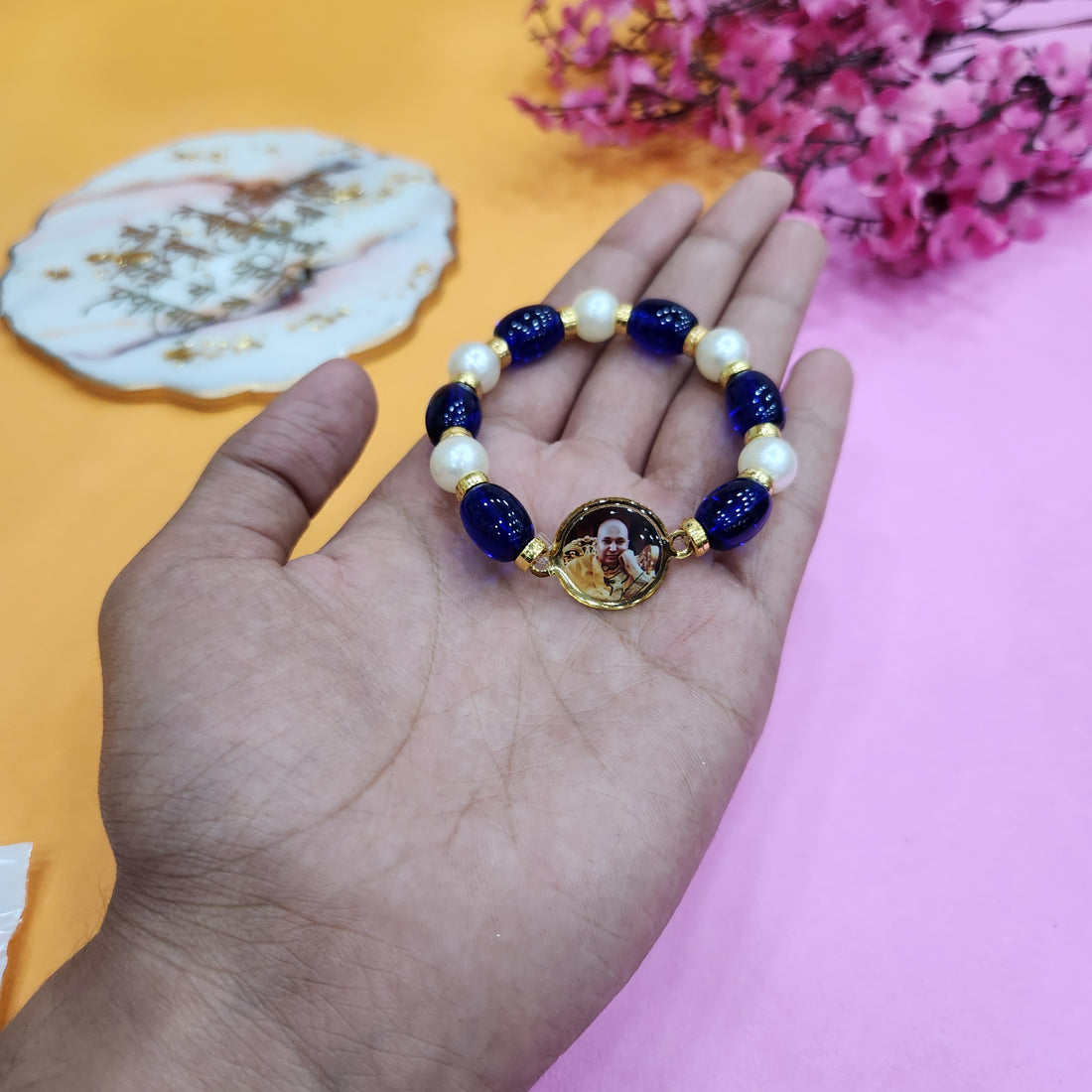 Blue And White Pearl Bracelet with Jai Guruji Swaroop Handmade Bracelets for Men and Women