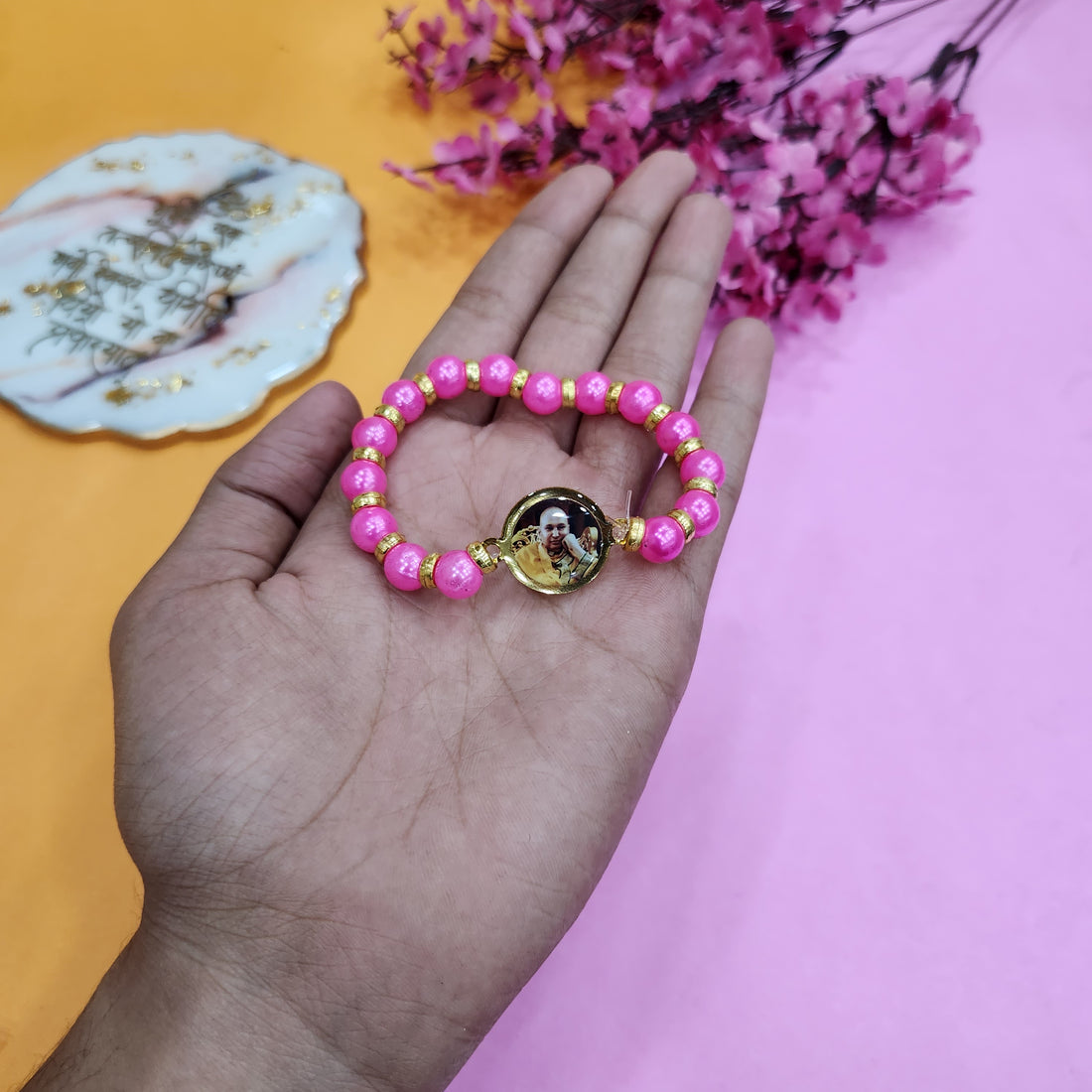 Pink Round Pearl Bracelet with Jai Guruji Swaroop Handmade Bracelets for Men and Women