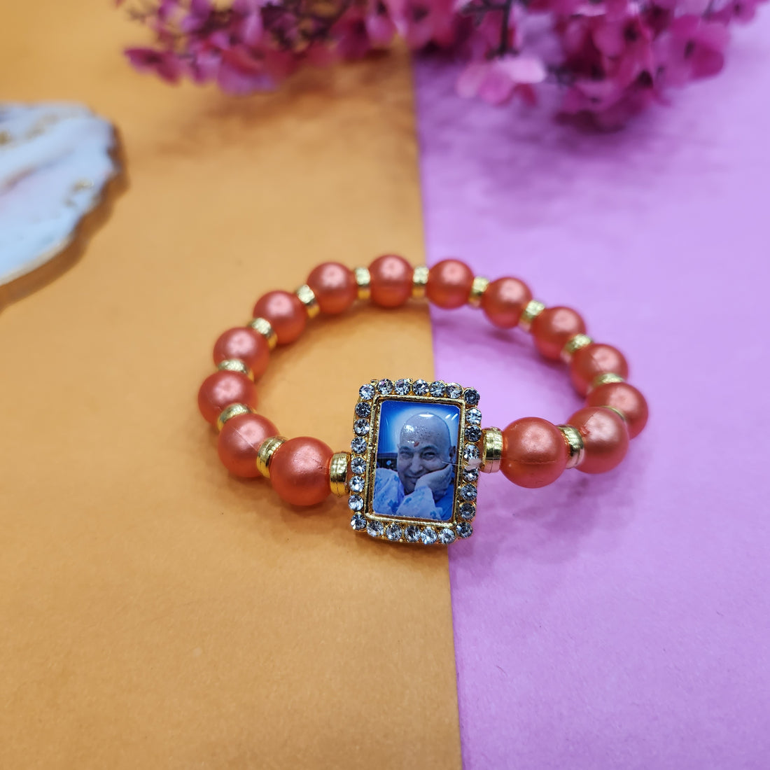Round Pearl Bracelet Dark Orange with Jai Guruji Swaroop Handmade Bracelets for Men and Women