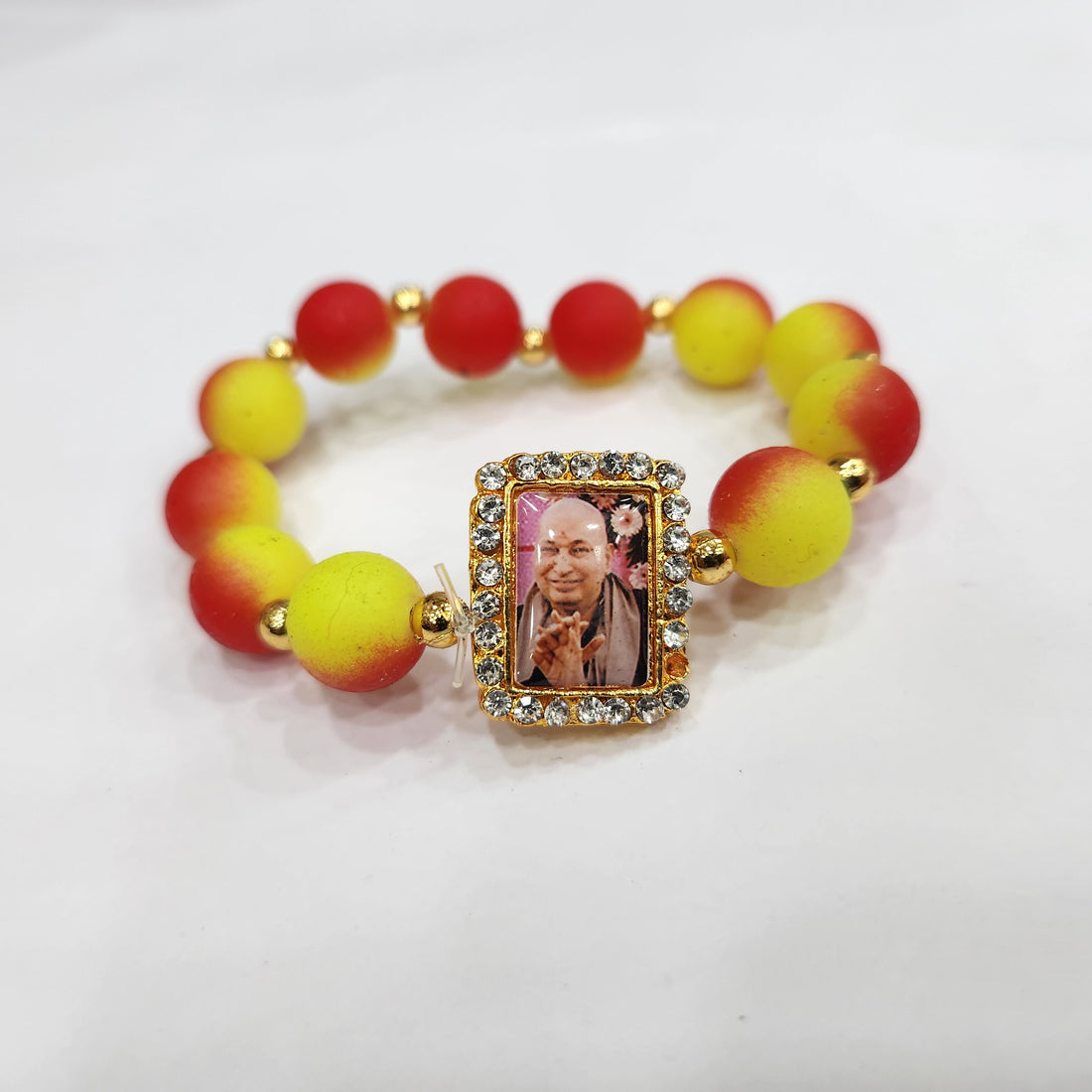 Red And Yellow Round Pearl Bracelet with Jai Guruji Swaroop Handmade Bracelets for Men and Women.