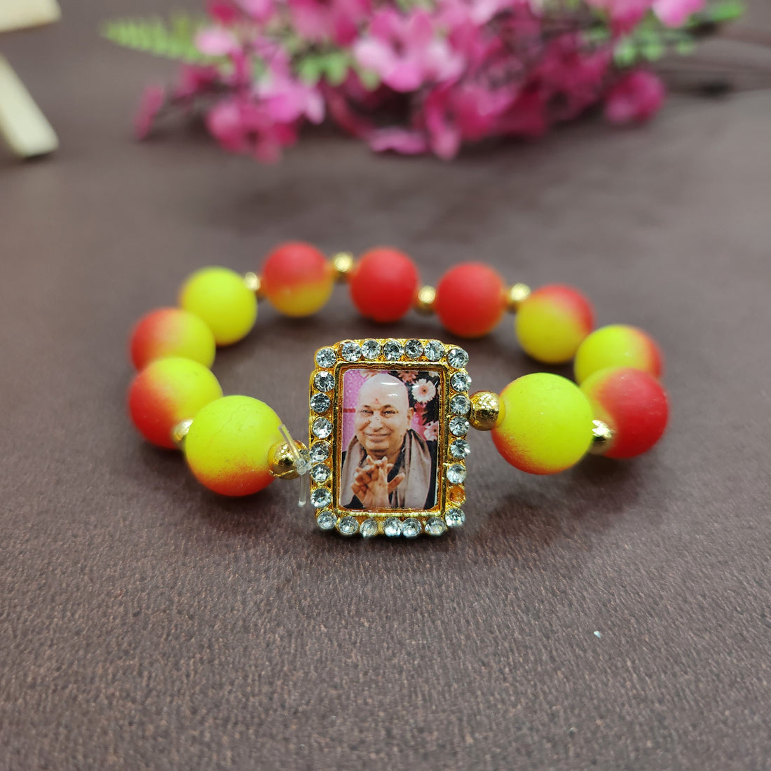Red And Yellow Round Pearl Bracelet with Jai Guruji Swaroop Handmade Bracelets for Men and Women.