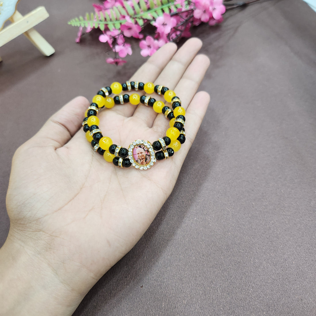 Black And Yellow Round Pearl Bracelet with Jai Guruji Swaroop Handmade Bracelets for Men and Women