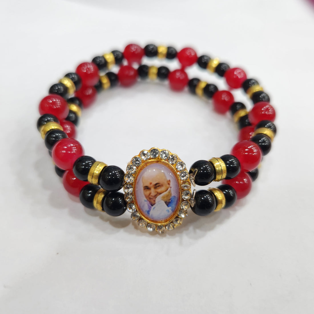 Blood Red And Black Double Band Round Pearl Bracelet with Jai Guruji Swaroop Handmade Bracelets for Men and Women