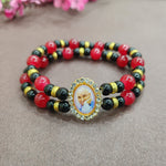 Blood Red And Black Double Band Round Pearl Bracelet with Jai Guruji Swaroop Handmade Bracelets for Men and Women