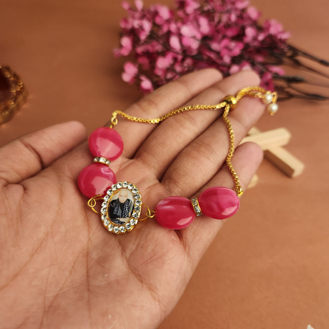 Pink Round Pearl Bracelet with Jai Guruji Swaroop Handmade Bracelets for Women