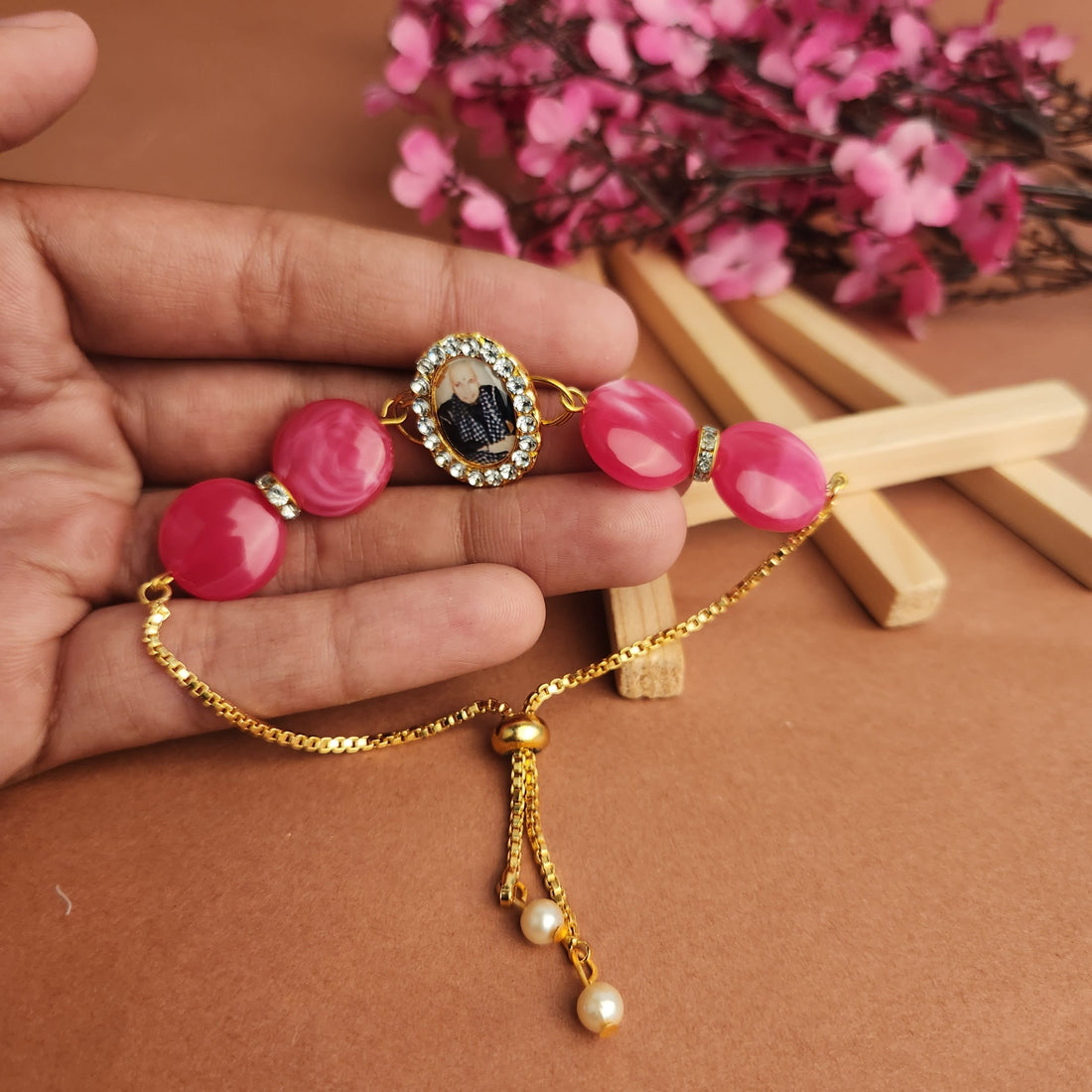 Pink Round Pearl Bracelet with Jai Guruji Swaroop Handmade Bracelets for Women