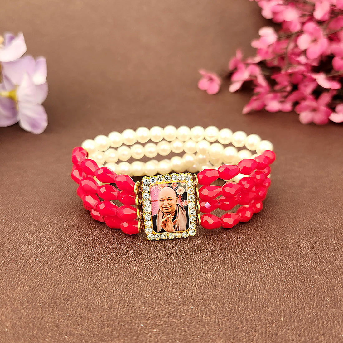 Crystal Red Beads & Pearl Bracelet with Jai Guruji Swaroop