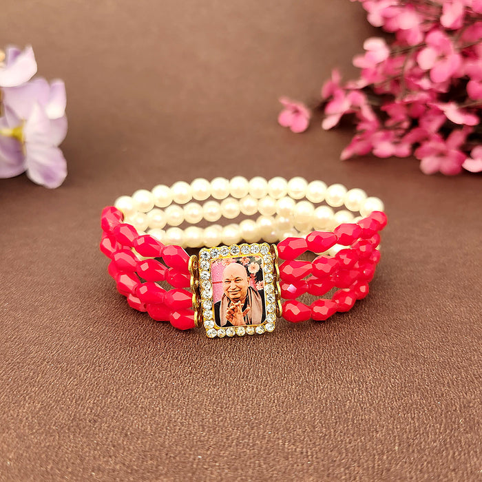 Crystal Red Beads & Pearl Bracelet with Jai Guruji Swaroop