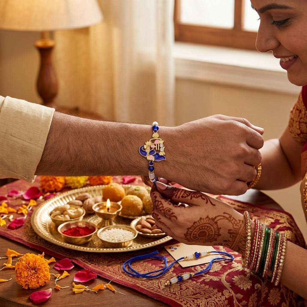 Royal Blue Crystal and Gold Accent Shree Charm Rakhi