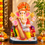 Cream & Pink Printed Ganpati Idol Patka with Fringe - 32 Inch