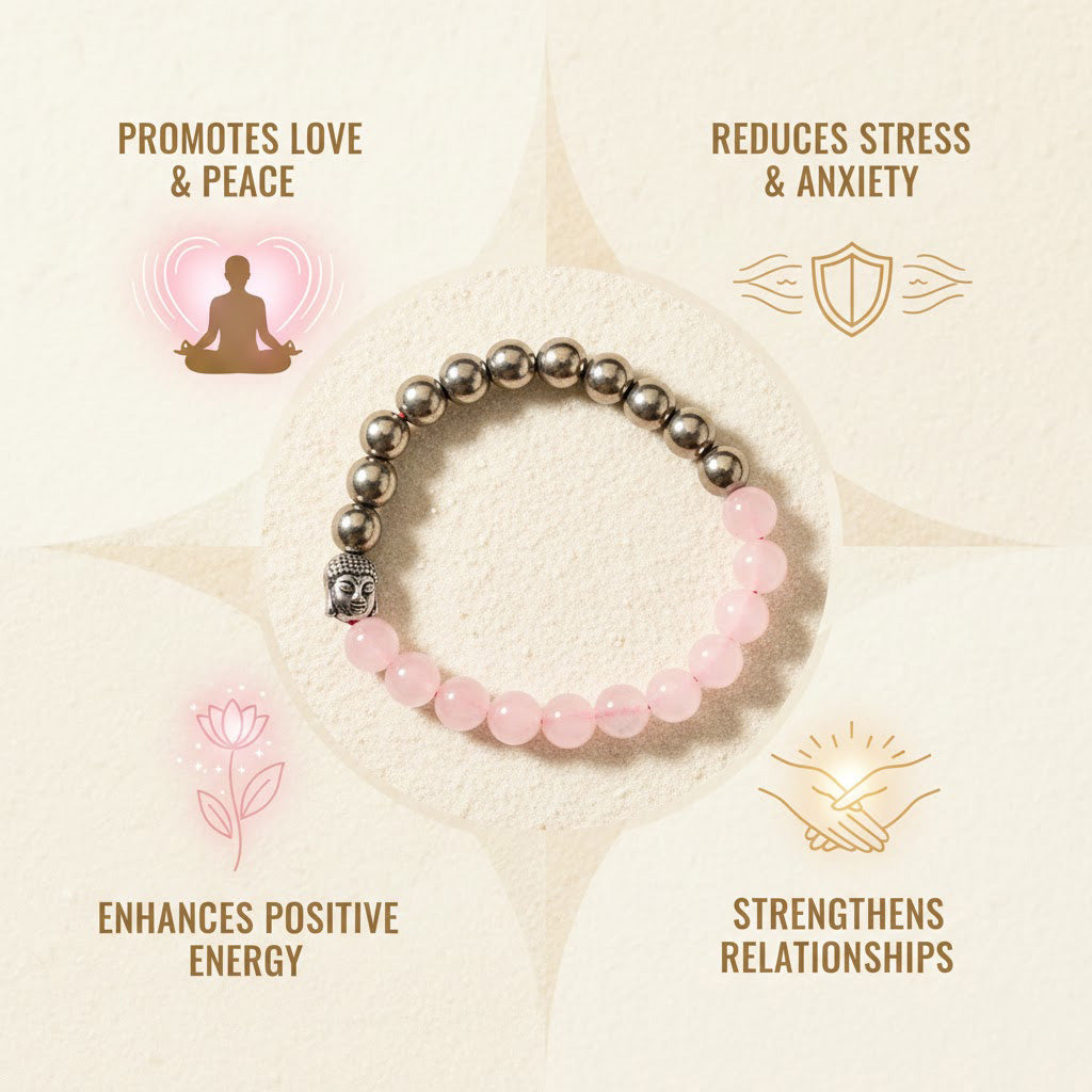 Rose Quartz Buddha & Golden Pyrite Bracelet With Selenite Zodiac Plate Combo