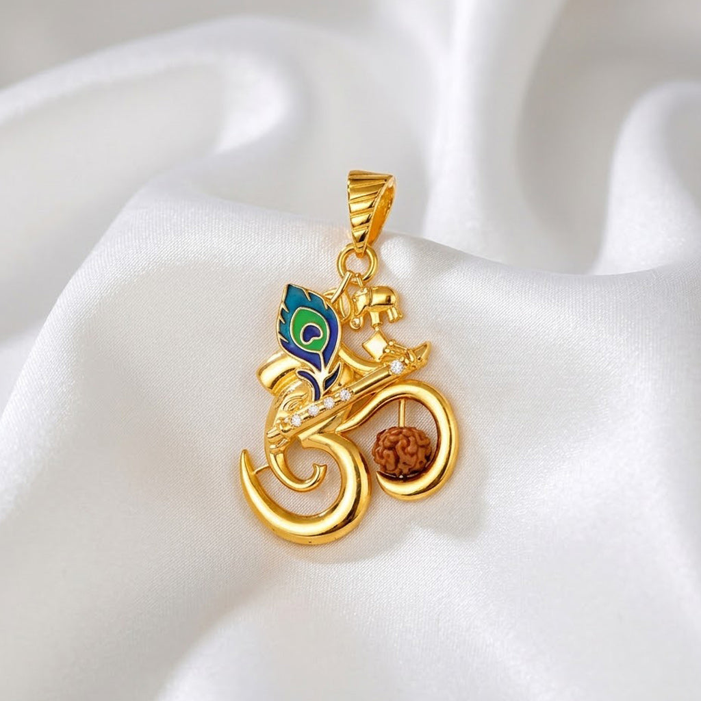925 Sterling Silver Gold Plated Om Krishna Rudraksha Pendant