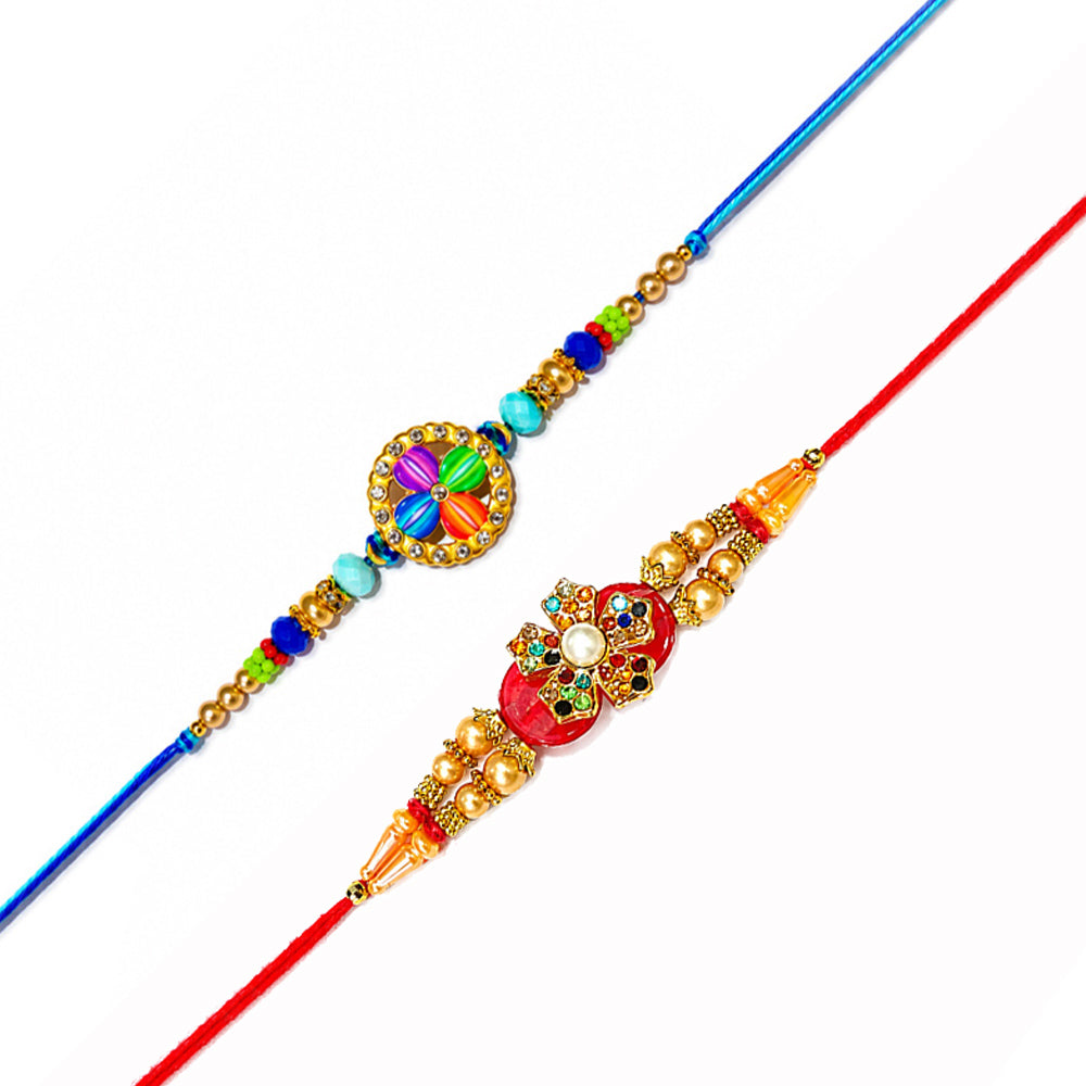Multi Color Pinwheel and Red Floral Medallion Rakhi (Set of 2)