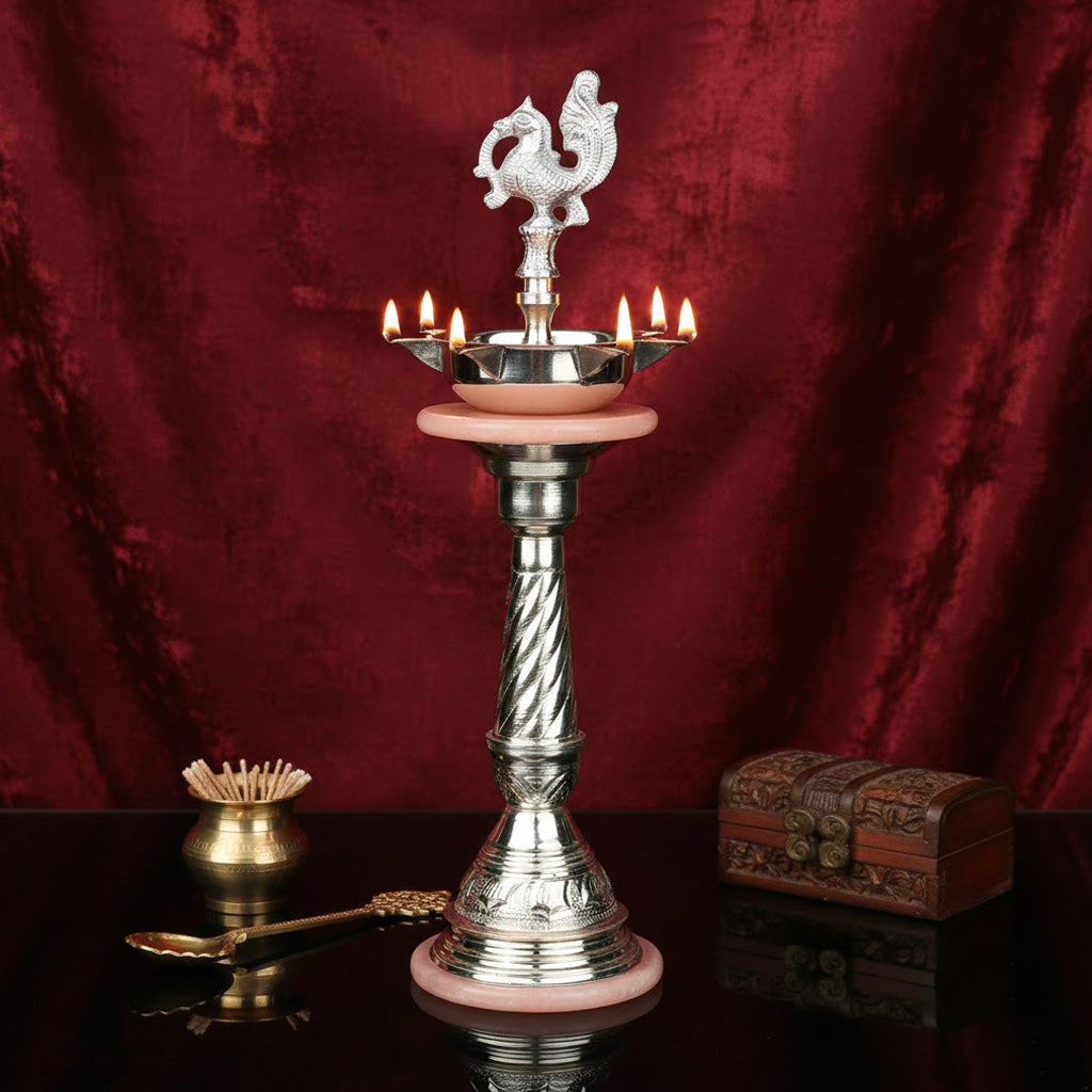 Silver Fancy Kerala Diya – Traditional Pooja Oil Lamp Spiritual Use