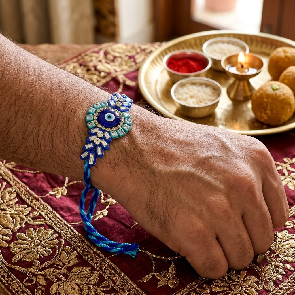 Royal Blue Evil Eye Centerpiece Crystal Leaf Motif Designer Rakhi