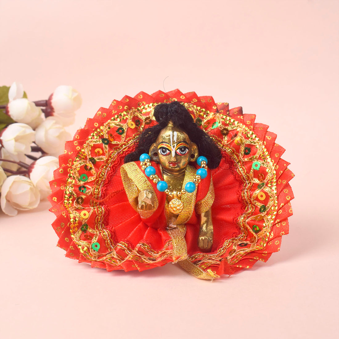 Radiant Crimson Red Laddu Gopal Dress with Golden Border