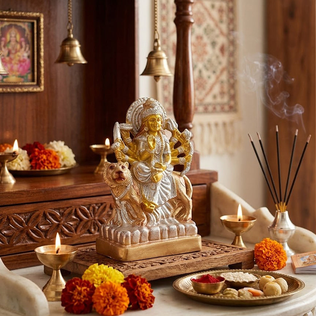 Premium Silver & Gold Sherawali Mata Resin Statue
