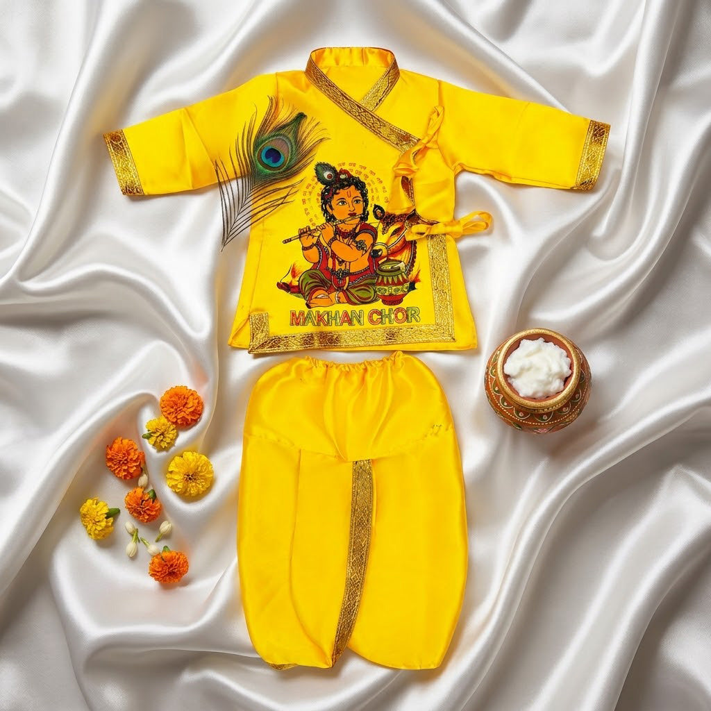Size 1 Makhan Chor Yellow Krishna Dress with Golden Border