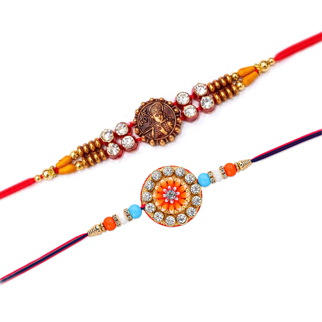 Traditional Divine Krishna and Orange Flower Rakhi (Set of 2)