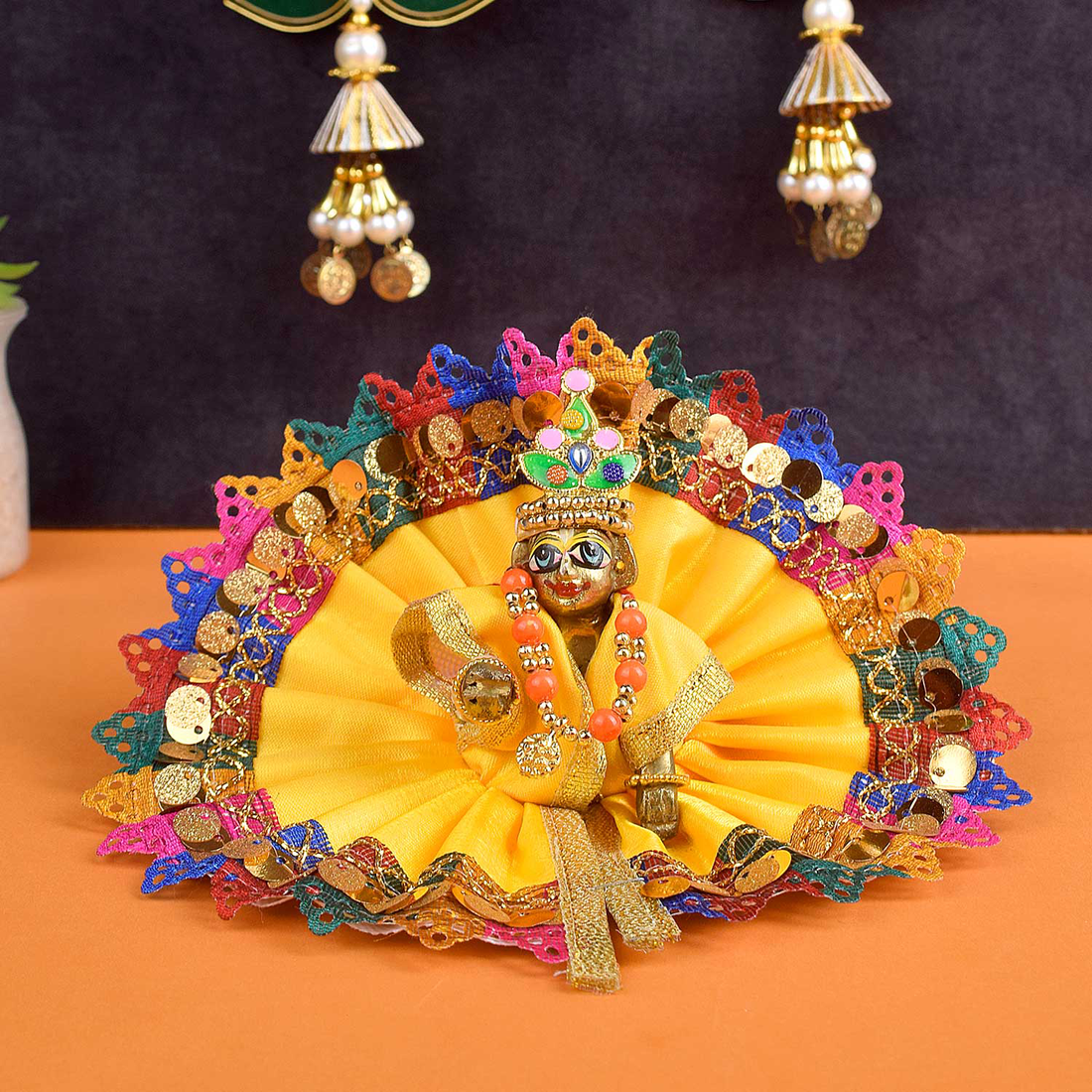 Laddu Gopal Yellow Dress with Multi-Color Sequined Border