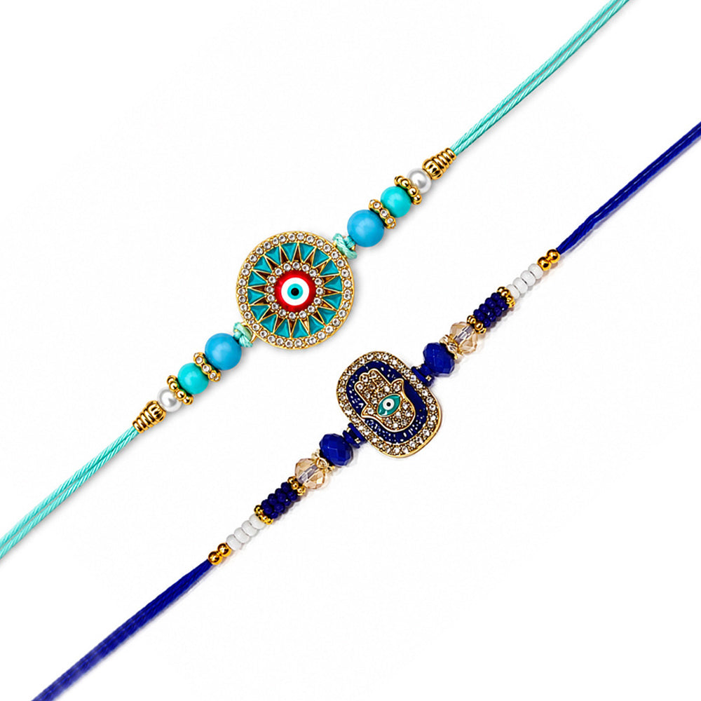 Turquoise Evil Eye and Hamsa Hand Designer Rakhi (Set of 2)