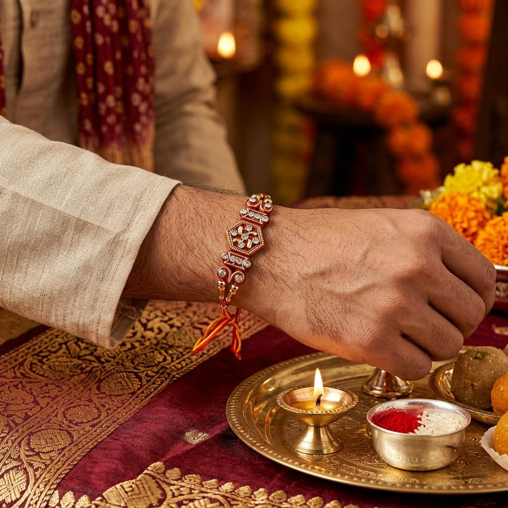 Traditional Divine Swastik Symbol Crystal Studded Rakhi