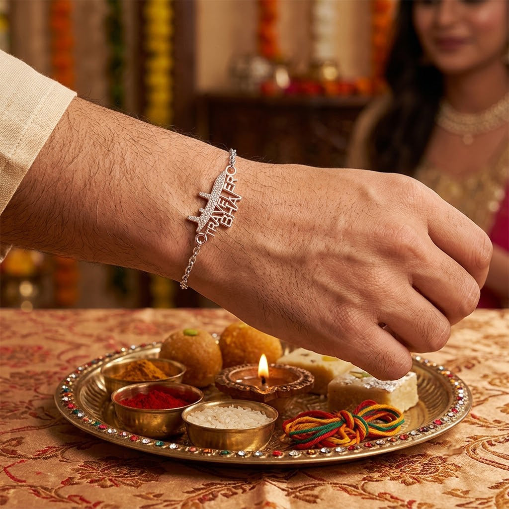 Stylish 925 Silver Aeroplane Motif Traveler Bhai Rakhi
