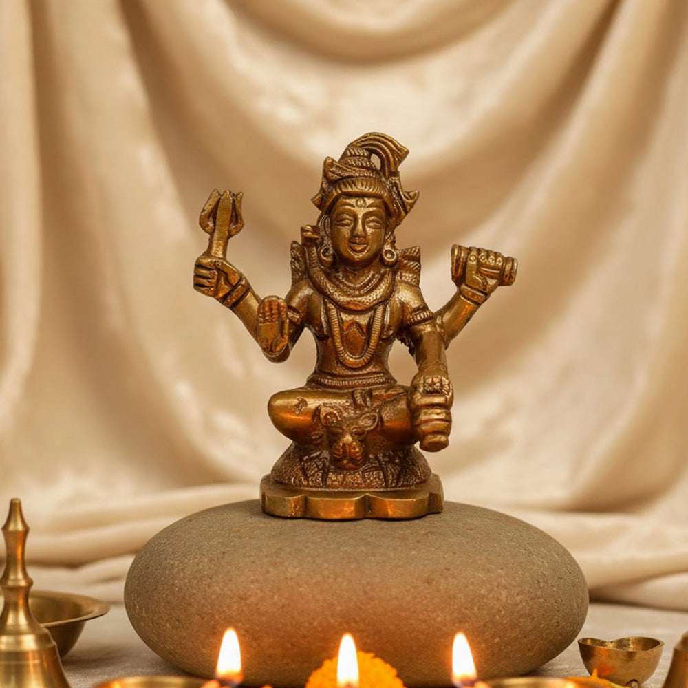 3.3 Inch Brass Chaturbhuj Shiva Ji Idol – Handcrafted Lord Shiva Statue for Pooja, Car Dashboard, and Home Decor. No.1 Brass Idol Store www.satvikstore.in 