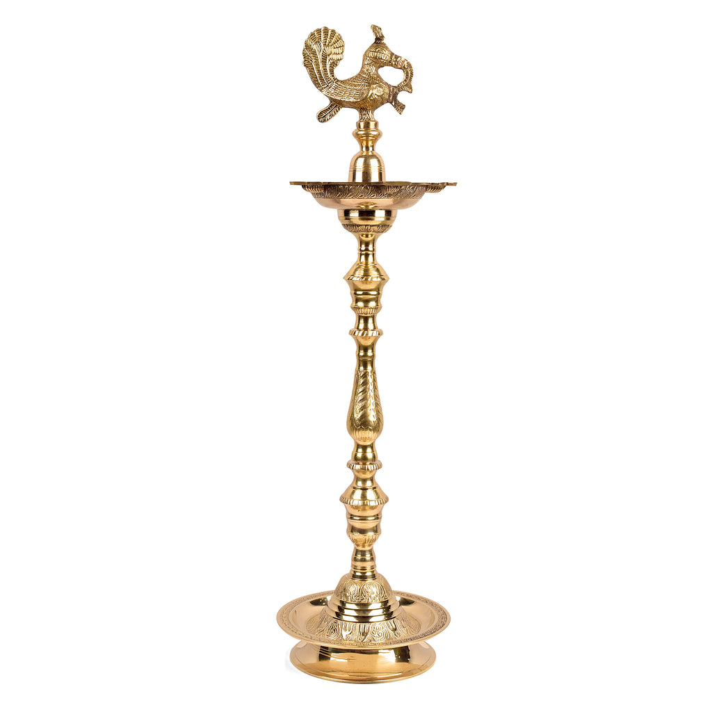 32 Inch Brass Kerala Peacock Samai Deepam Inauguration Lamp – Handcrafted Kerala samai deepam with a peacock design, perfect for grand inaugurations, pooja ceremonies, and spiritual occasions. India’s Largest Pooja Accessories Brand – www.satvikstore.in
