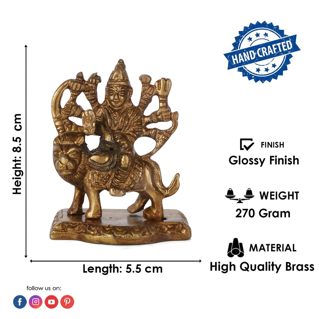 2.2 Inch Engraved Brass Maa Sherawali Idol