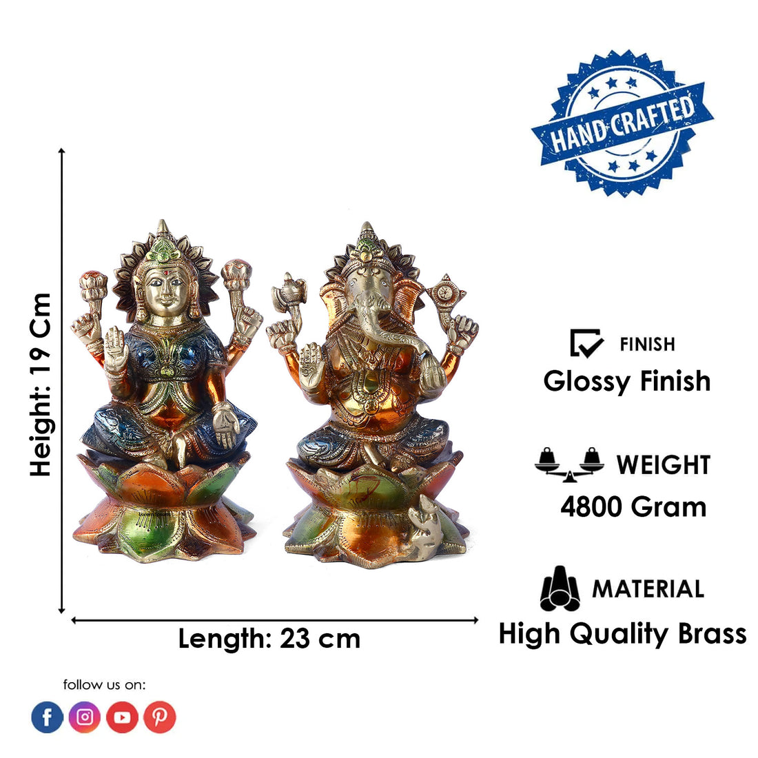 7.4 Inch Artistry Brass Colorful Lakshmi Ganesha Idol