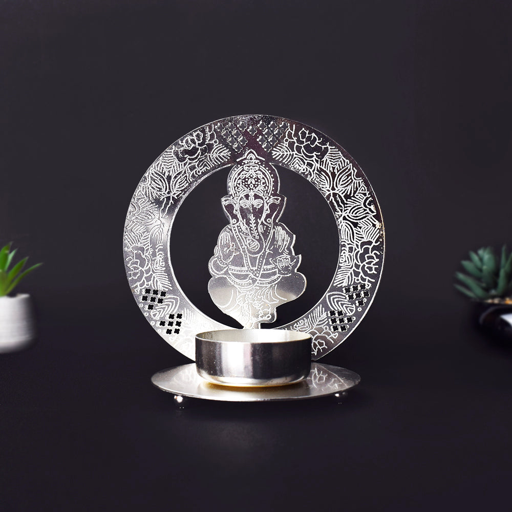 Sacred Silver Ganesh Tea Light Candle Holder