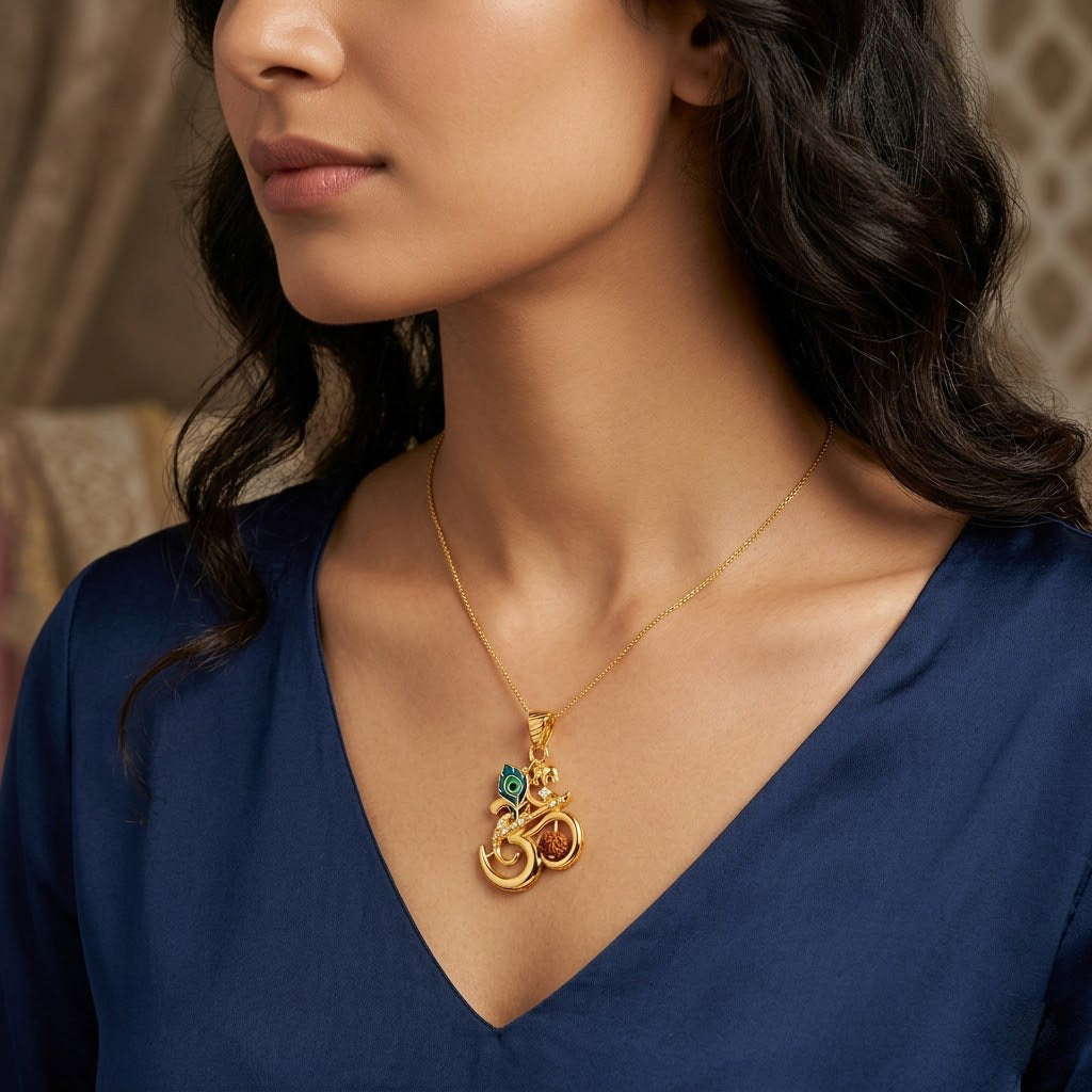 925 Sterling Silver Gold Plated Om Krishna Rudraksha Pendant