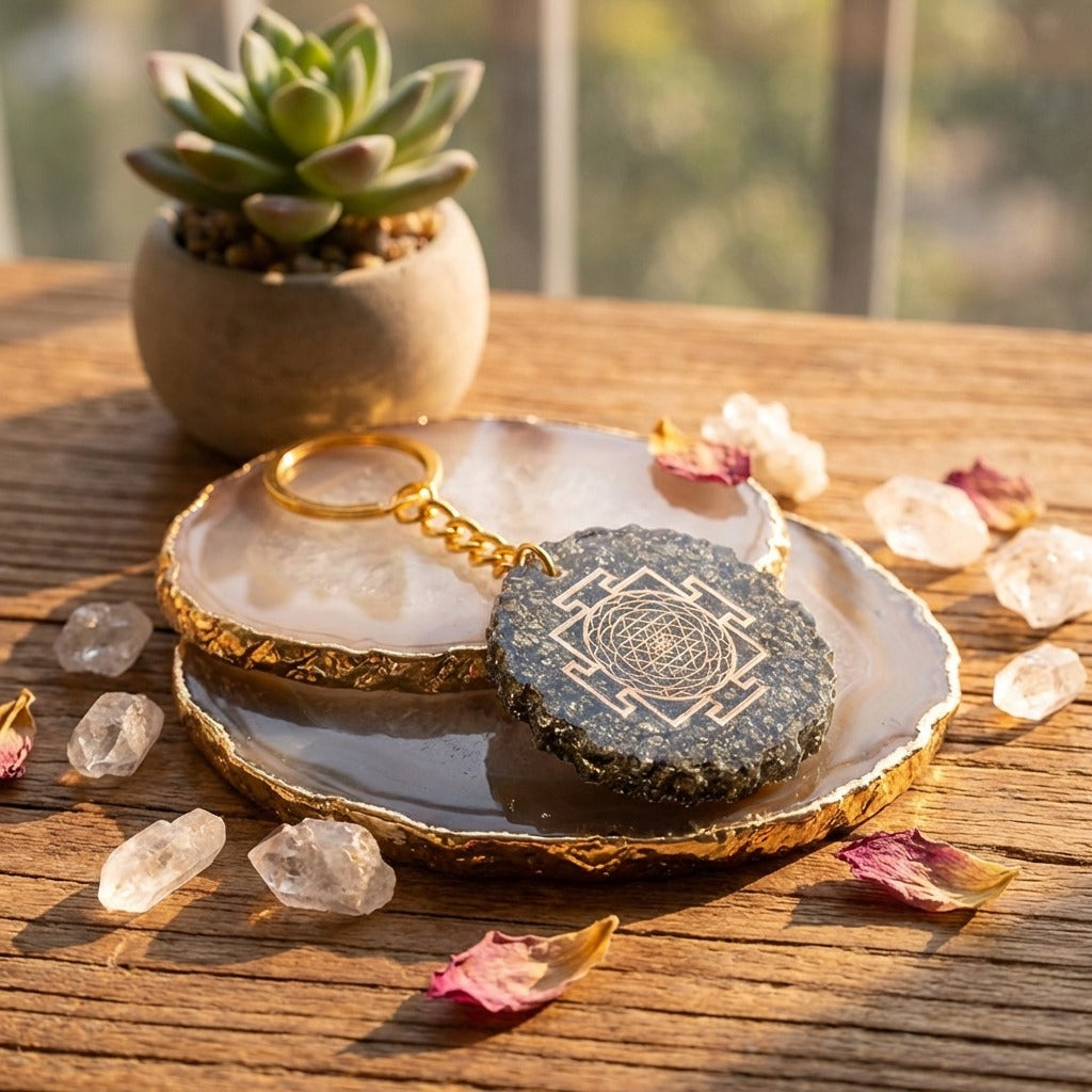 Pyrite Yantra Keyring – Spiritual Healing Energy Accessory