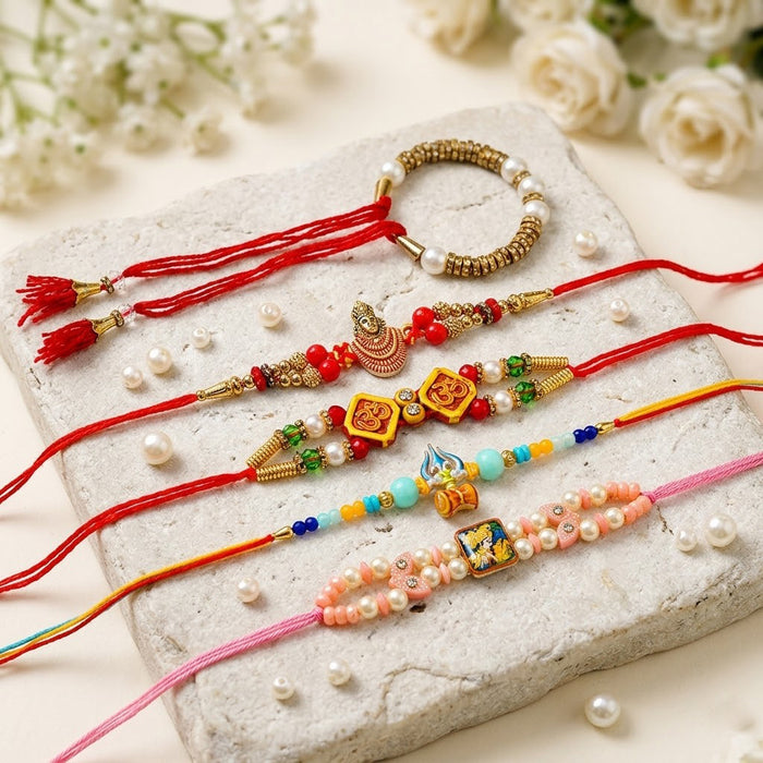 Multi Design Devotional Family Rakhi Combo (Set of 5)