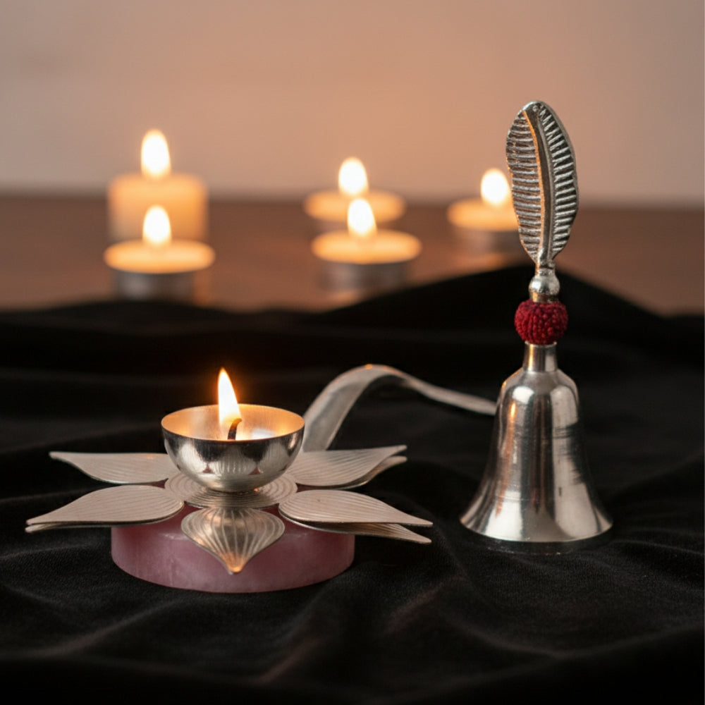 Silver Lotus Diya with Bell – Silver Plated Pooja Lamp Decorative Spiritual Use