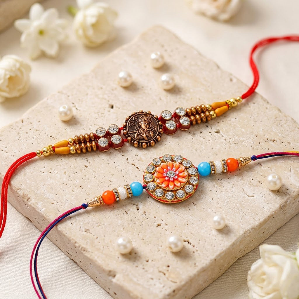 Traditional Divine Krishna and Orange Flower Rakhi (Set of 2)