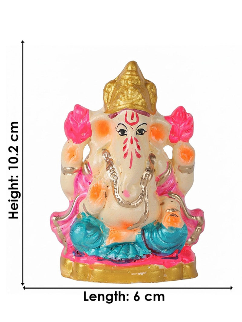 4 Inch Eco Friendly Ganesha Idol with Pink Lotuses & Golden Mukut