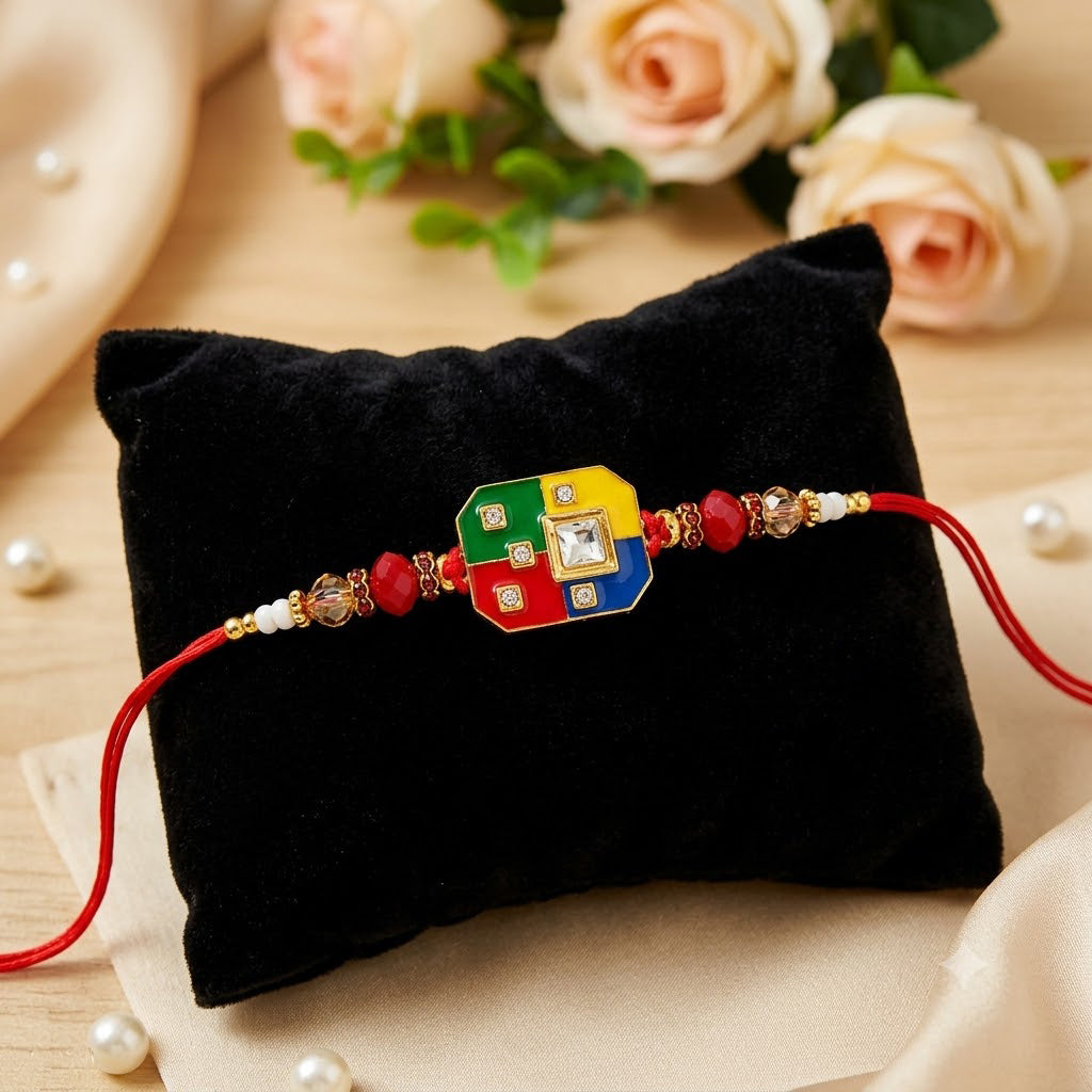 Traditional Four Color Enamel Dial Solitaire Stone Rakhi
