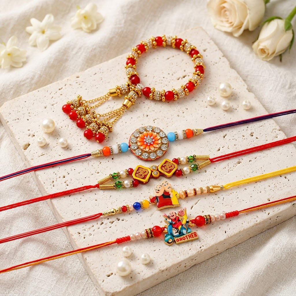 Designer Multicolor and Pearl Rakhi Pack (Set of 5)